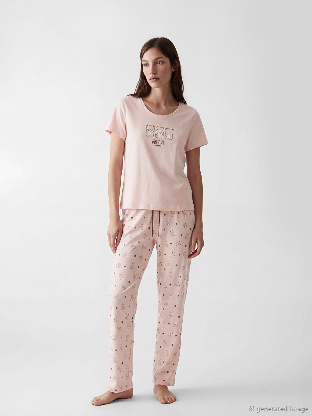 Pembe Beli Lastikli Baskılı Kadın Pijama Altı