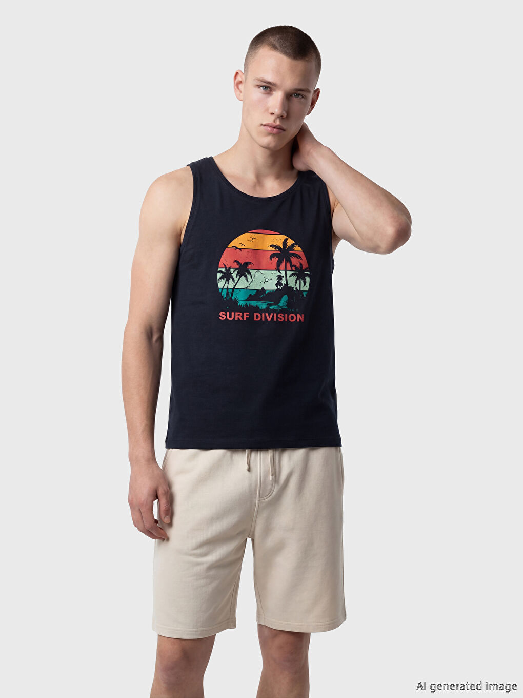 Lacivert Bisiklet Yaka Baskılı Erkek Kolsuz Tişört