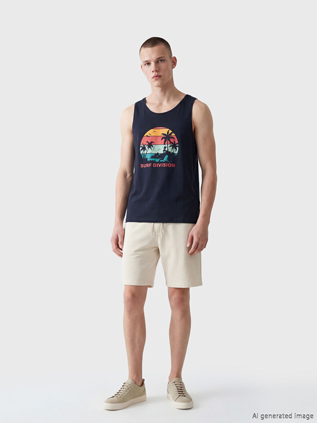 Lacivert Bisiklet Yaka Baskılı Erkek Kolsuz Tişört-1