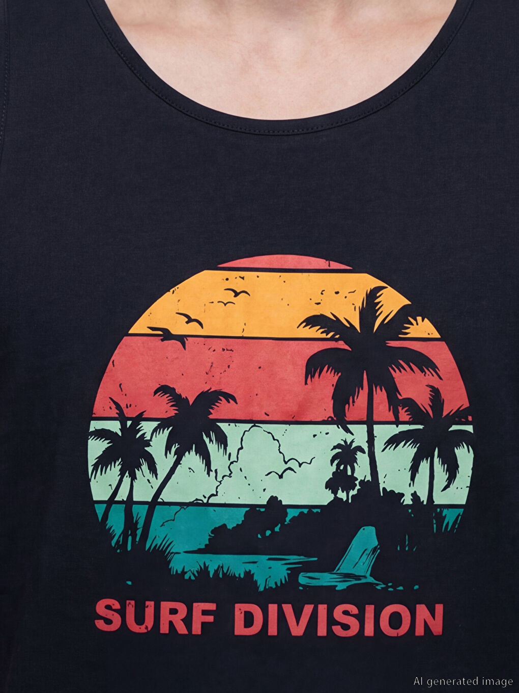 Lacivert Bisiklet Yaka Baskılı Erkek Kolsuz Tişört-2