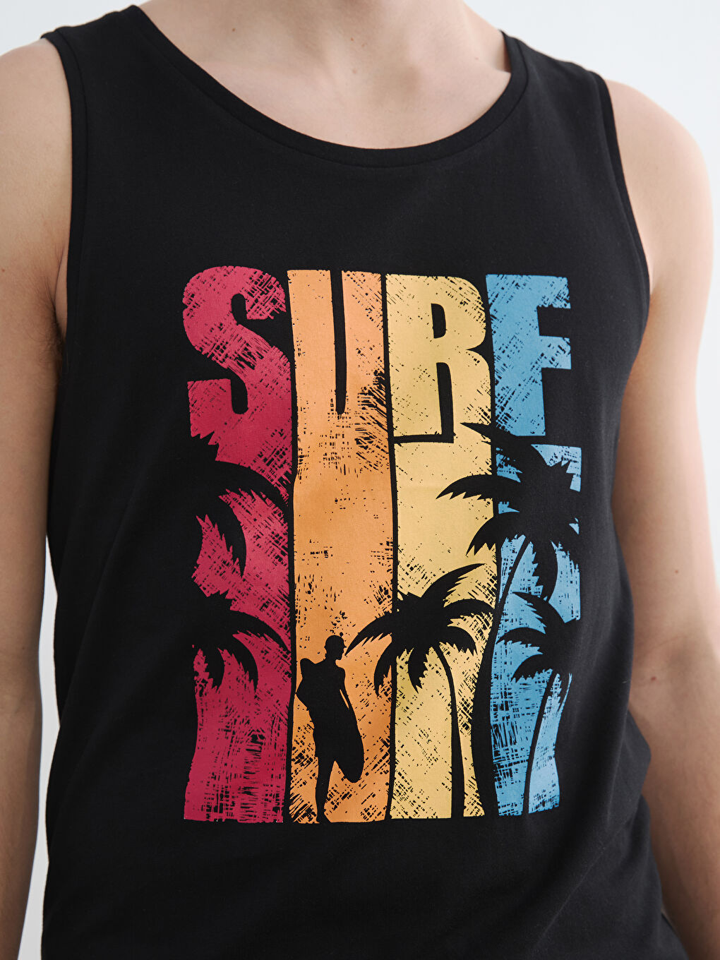 Siyah Bisiklet Yaka Baskılı Erkek Kolsuz Tişört-2