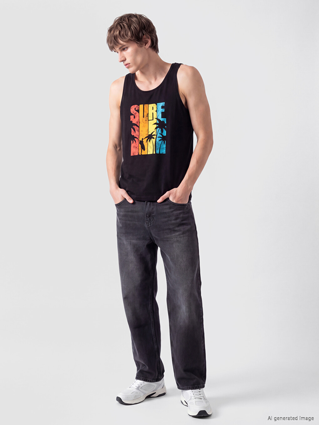 Tricou Fără Mâneci Imprimat Cu Guler Rotund Pentru Bărbați-1