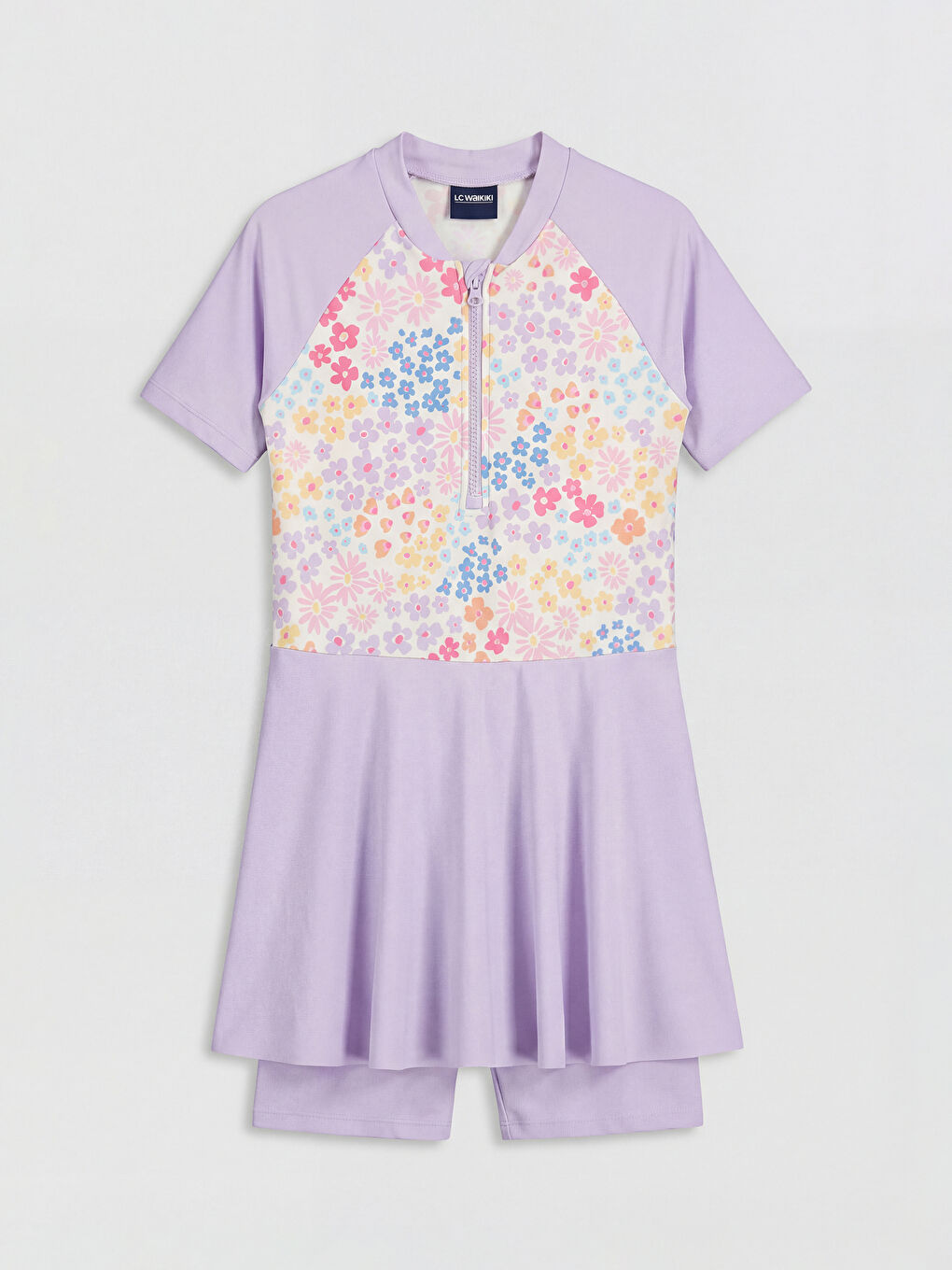 Lila Kısa Kollu Etekli Baskılı Kız Çocuk Mayo