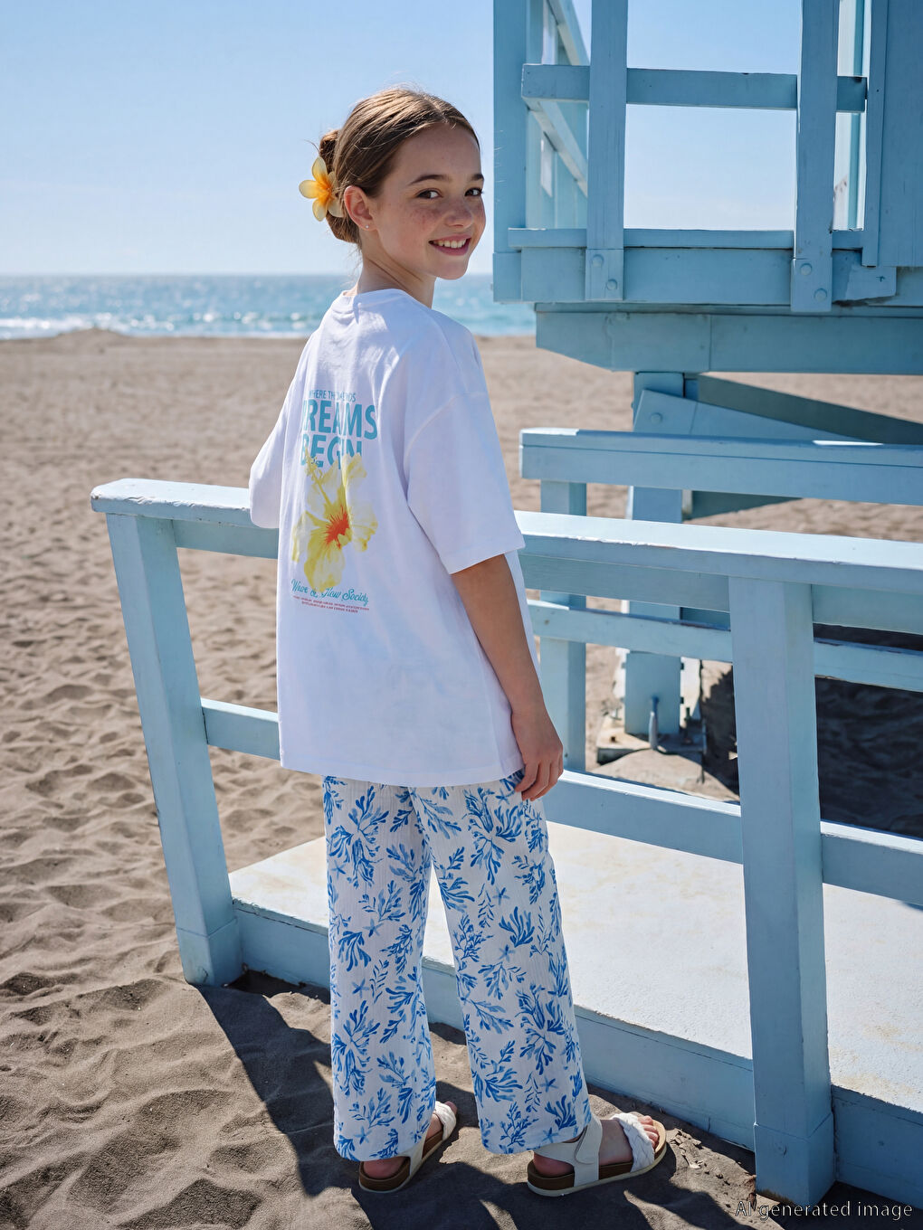 Beyaz Bisiklet Yaka Baskılı Kız Çocuk Tişört-1