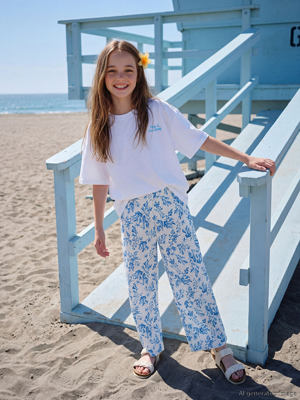 Beyaz Bisiklet Yaka Baskılı Kız Çocuk Tişört-2