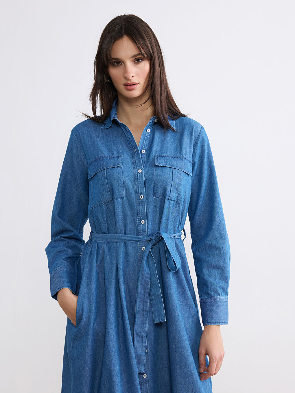 İndigo Gömlek Yaka Beli Kuşaklı Jean Elbise-1