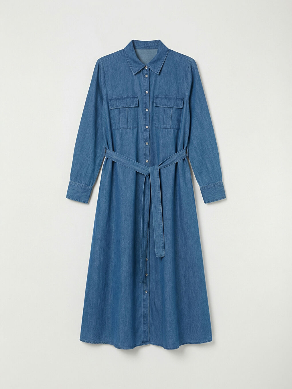 İndigo Gömlek Yaka Beli Kuşaklı Jean Elbise-4