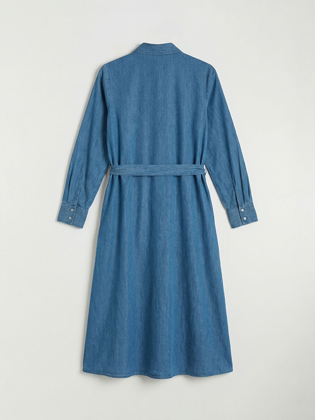 İndigo Gömlek Yaka Beli Kuşaklı Jean Elbise-5