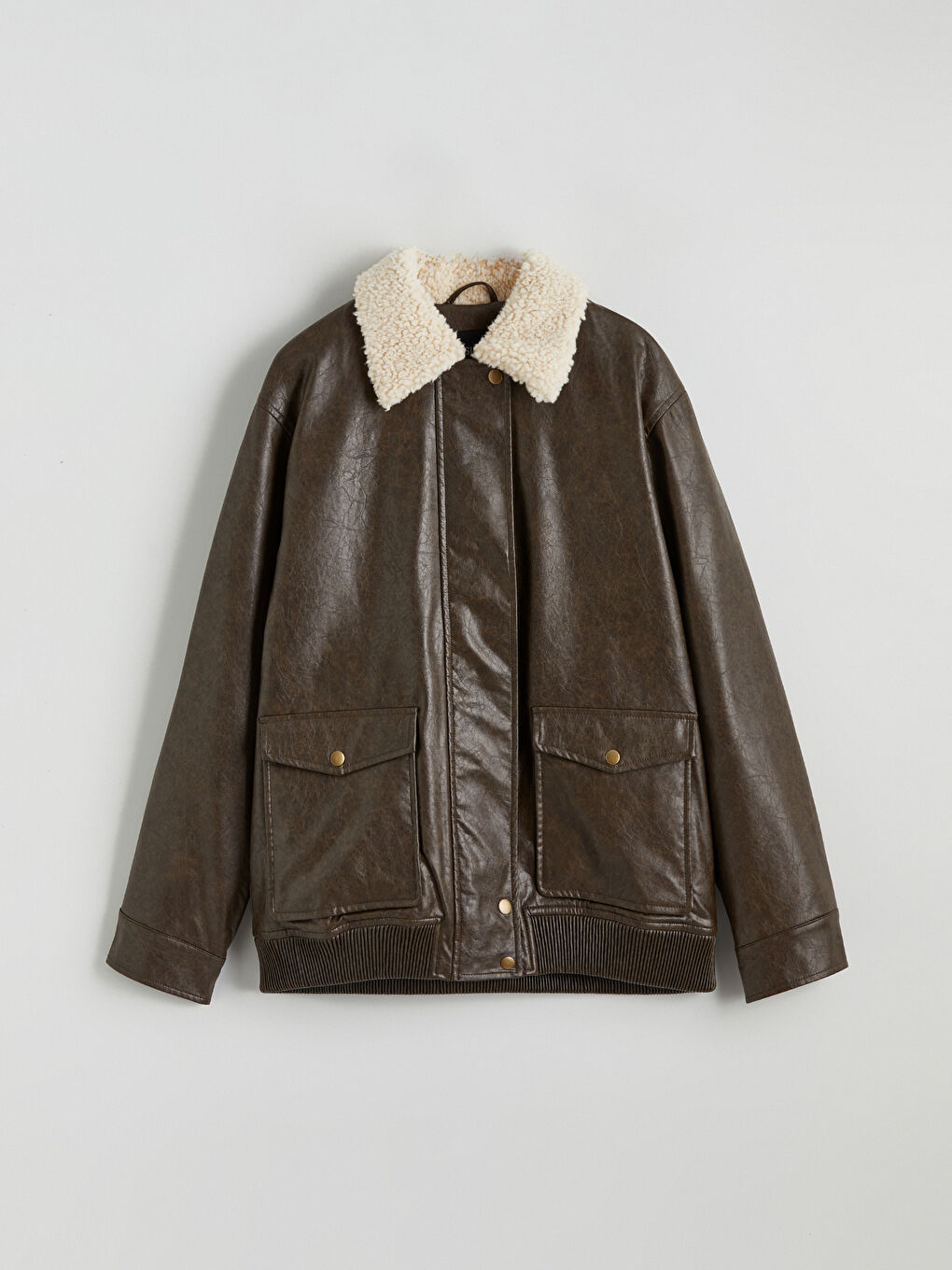 Manteau en simili cuir pour femmes avec col de chemise en peluche-5