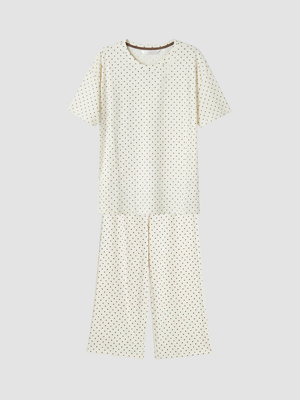 Ekru Puantiyeli Kadın Kaprili Pijama Takımı