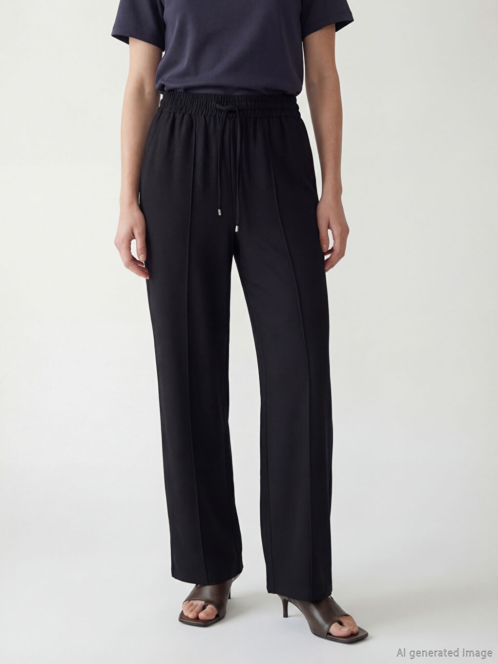 Siyah Beli Lastikli Geniş Paça Kadın Pantolon-1