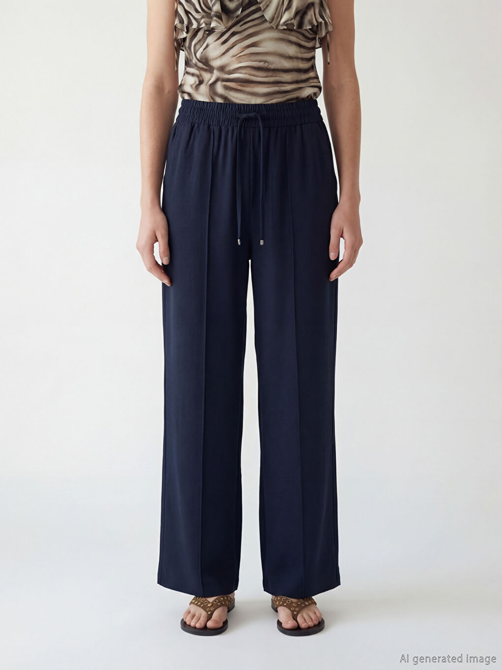 Lacivert Beli Lastikli Geniş Paça Kadın Pantolon-1