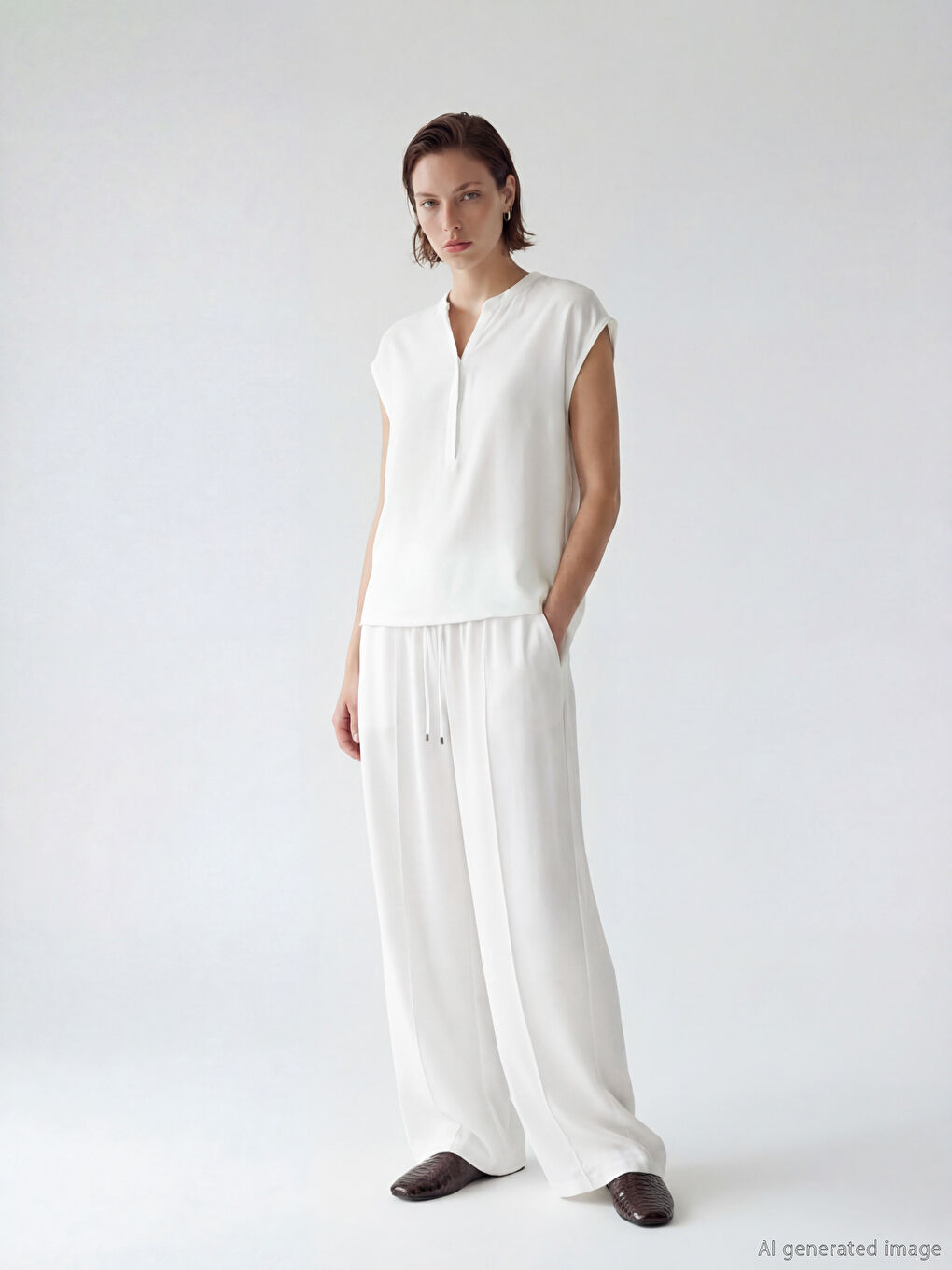 Ekru Beli Lastikli Geniş Paça Kadın Pantolon