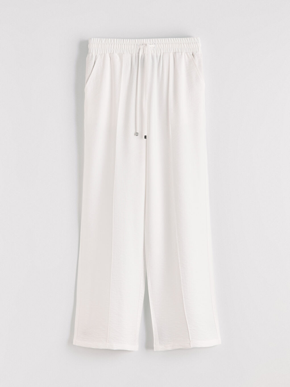 Ekru Beli Lastikli Geniş Paça Kadın Pantolon-1