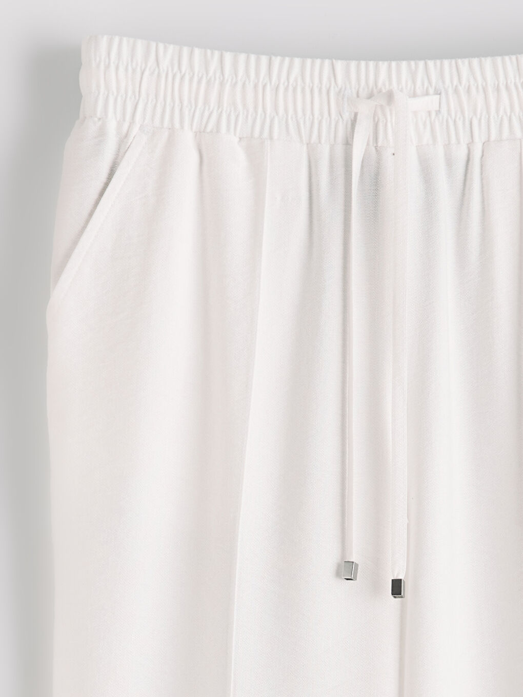 Ekru Beli Lastikli Geniş Paça Kadın Pantolon-2