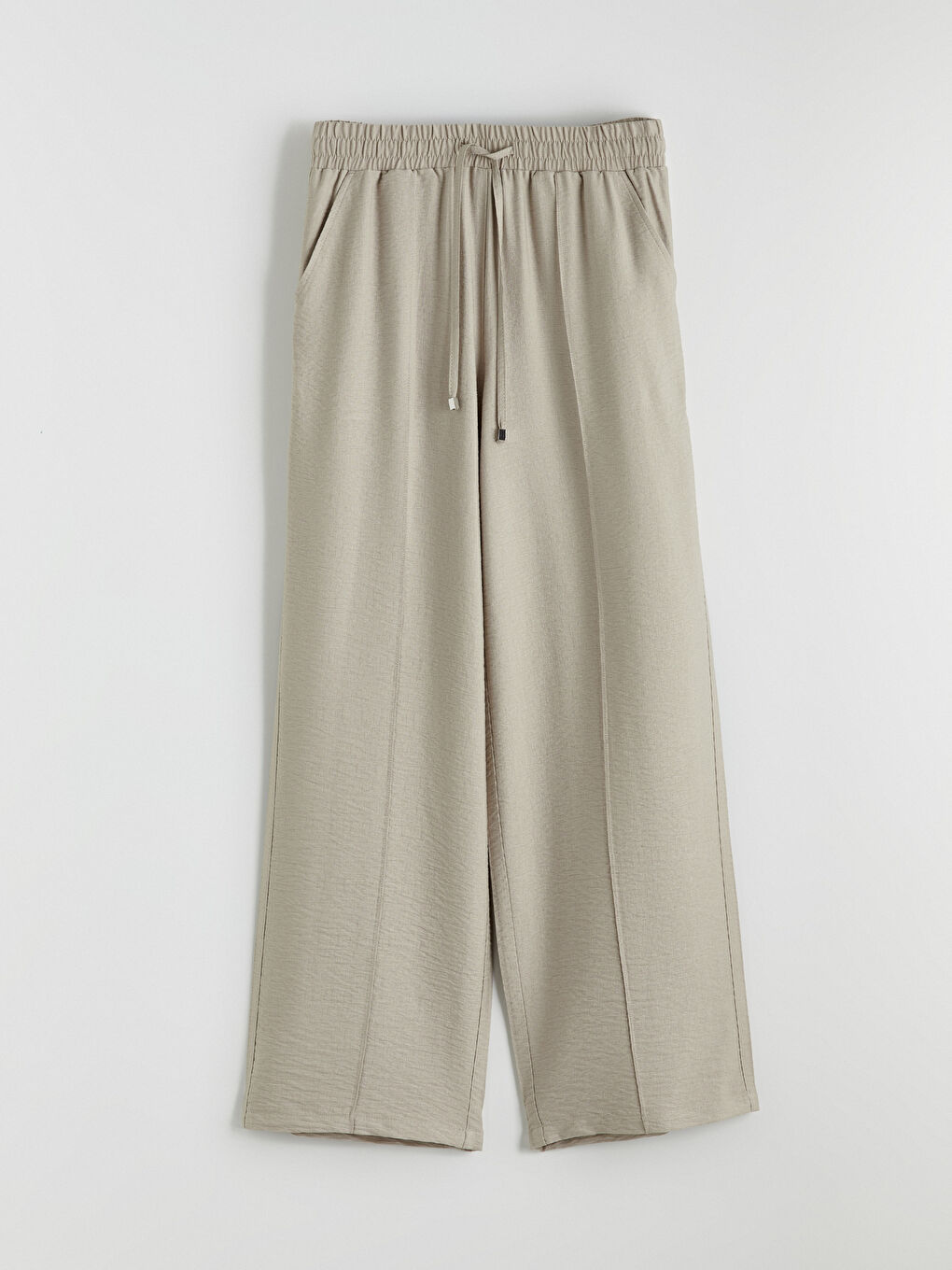 Bej Beli Lastikli Geniş Paça Kadın Pantolon-2