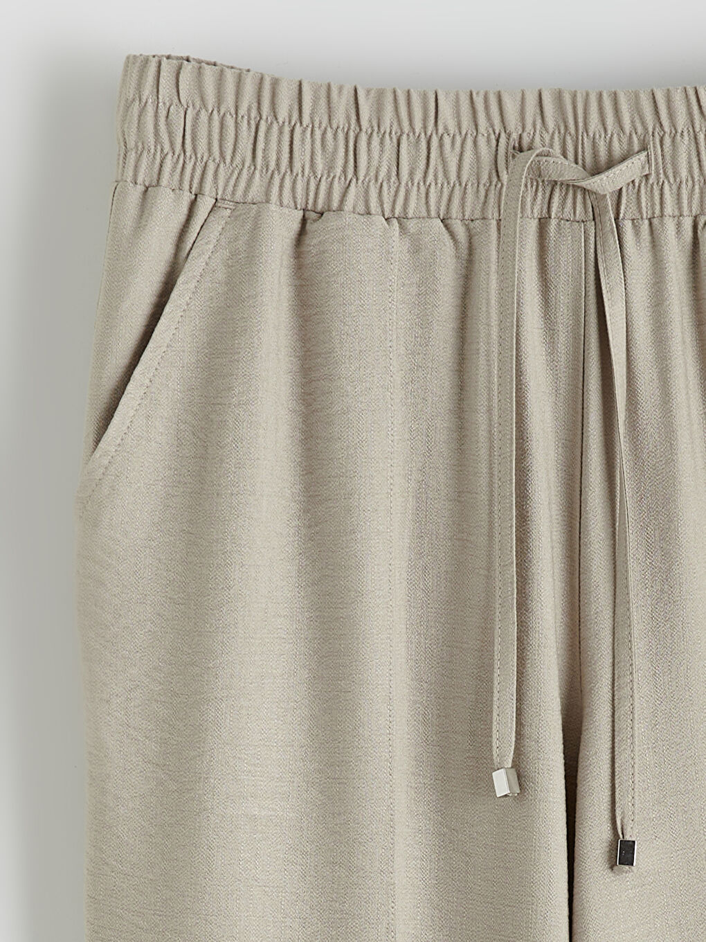 Bej Beli Lastikli Geniş Paça Kadın Pantolon-3