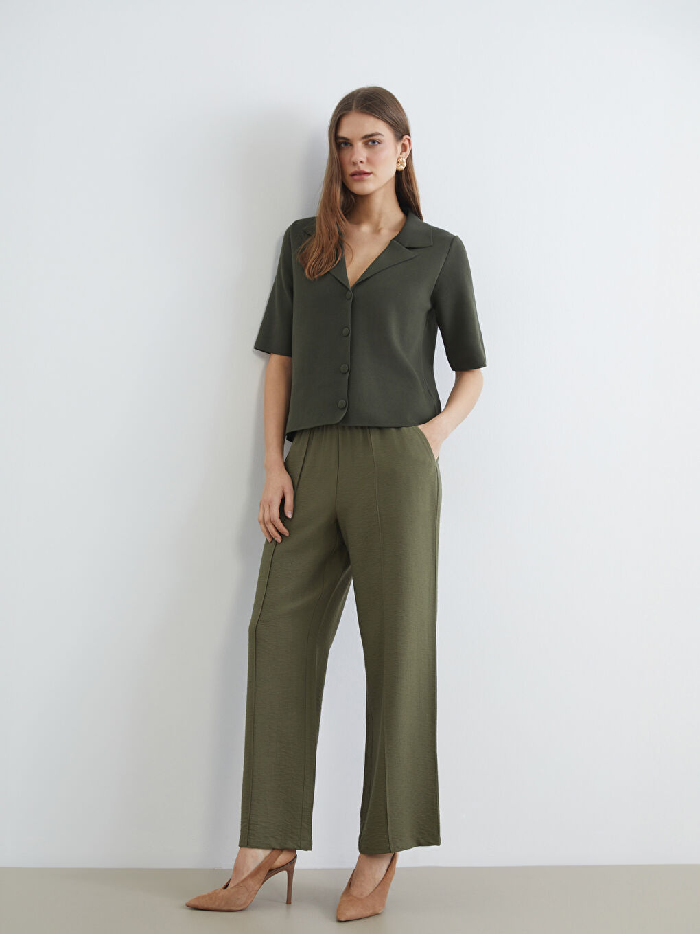 Haki Beli Lastikli Geniş Paça Kadın Pantolon