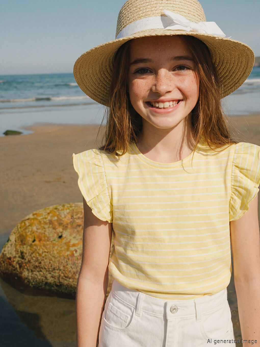 Striped Frill Sleeve Girls' T-Shirt-3