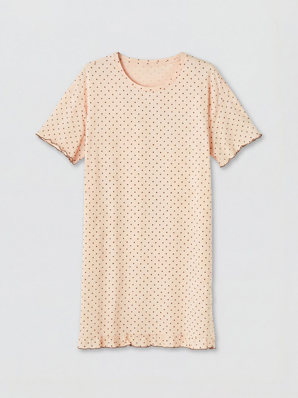 Bej Bisiklet Yaka Puantiyeli Kadın Gecelik