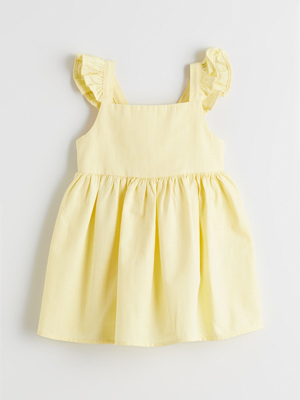 Sarı Kare Yaka Fırfırlı Kız Çocuk Elbise
