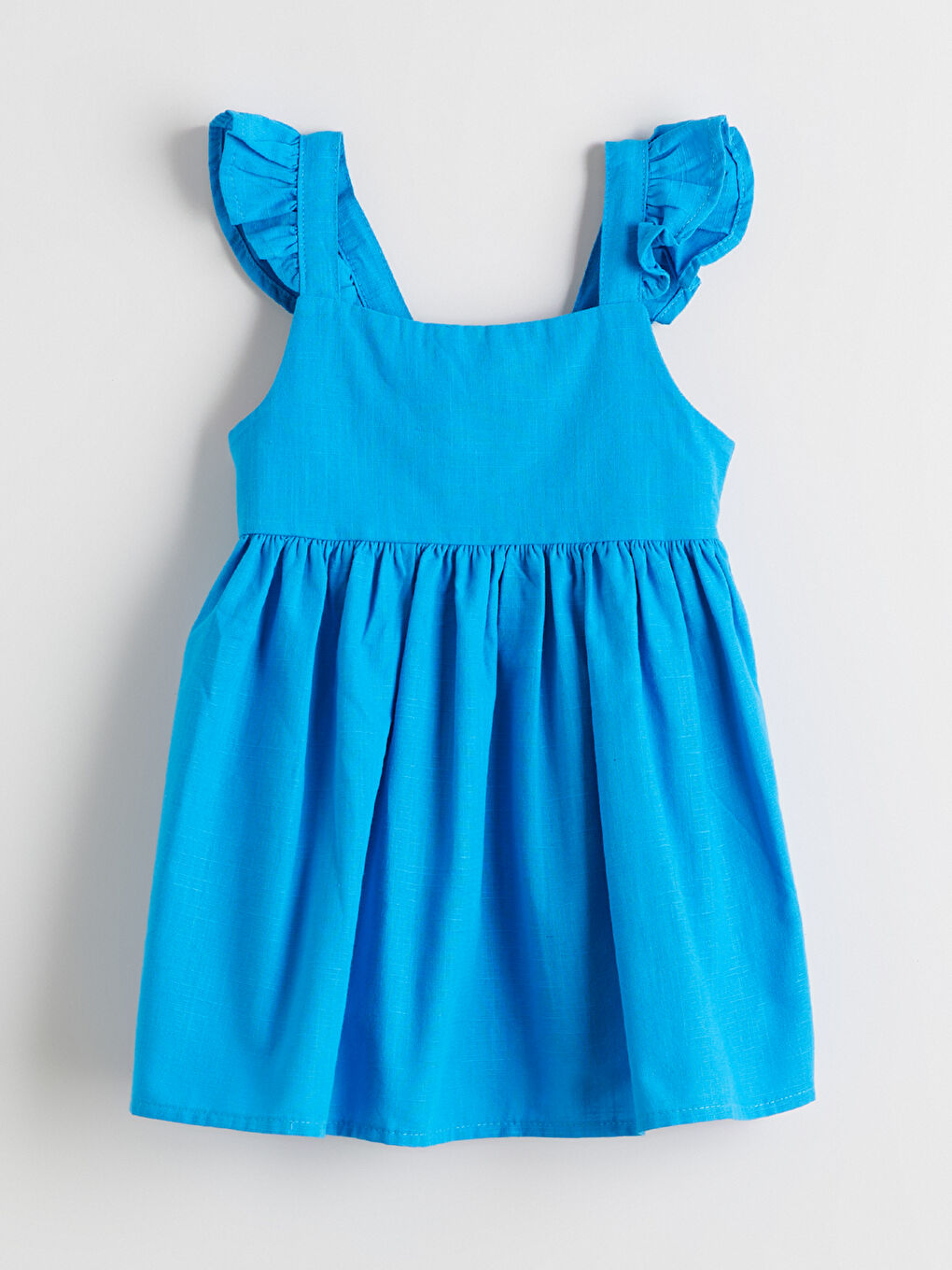 Turkuaz Kare Yaka Fırfırlı Kız Çocuk Elbise