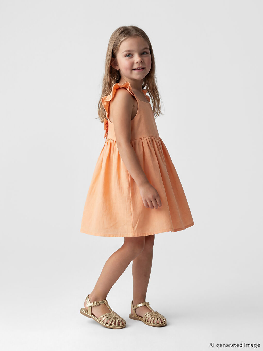 Mercan Kare Yaka Fırfırlı Kız Çocuk Elbise-1