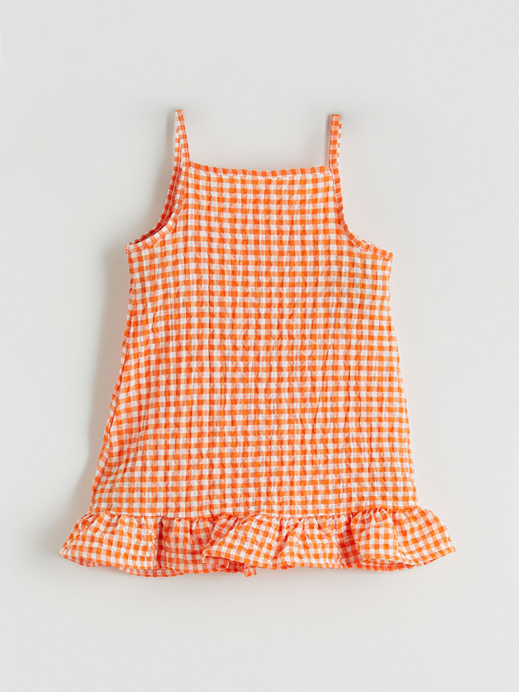 Turuncu Kare Yaka Ekose Fırfırlı Kız Çocuk Elbise-2
