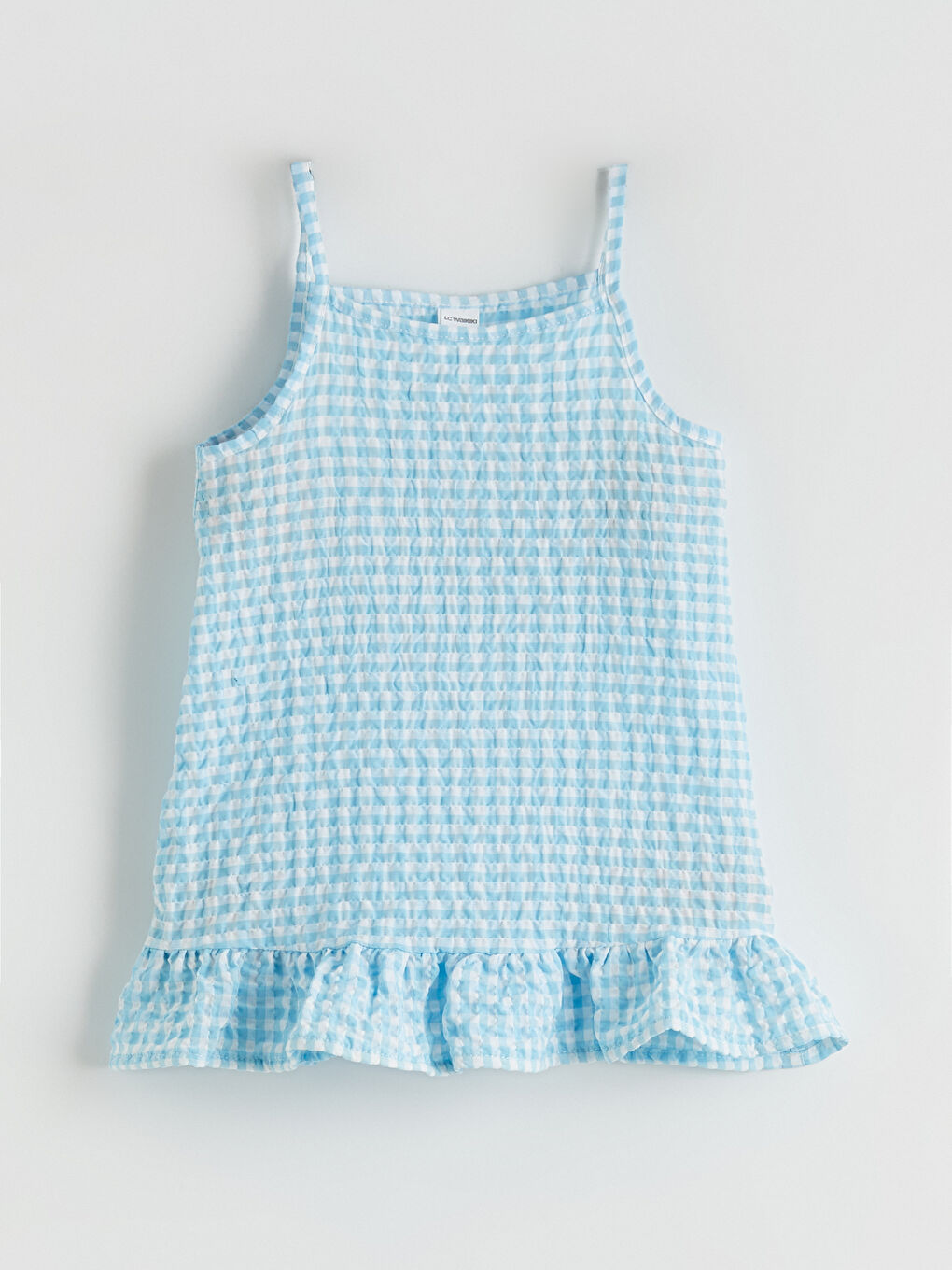 Mavi Kare Yaka Ekose Fırfırlı Kız Çocuk Elbise