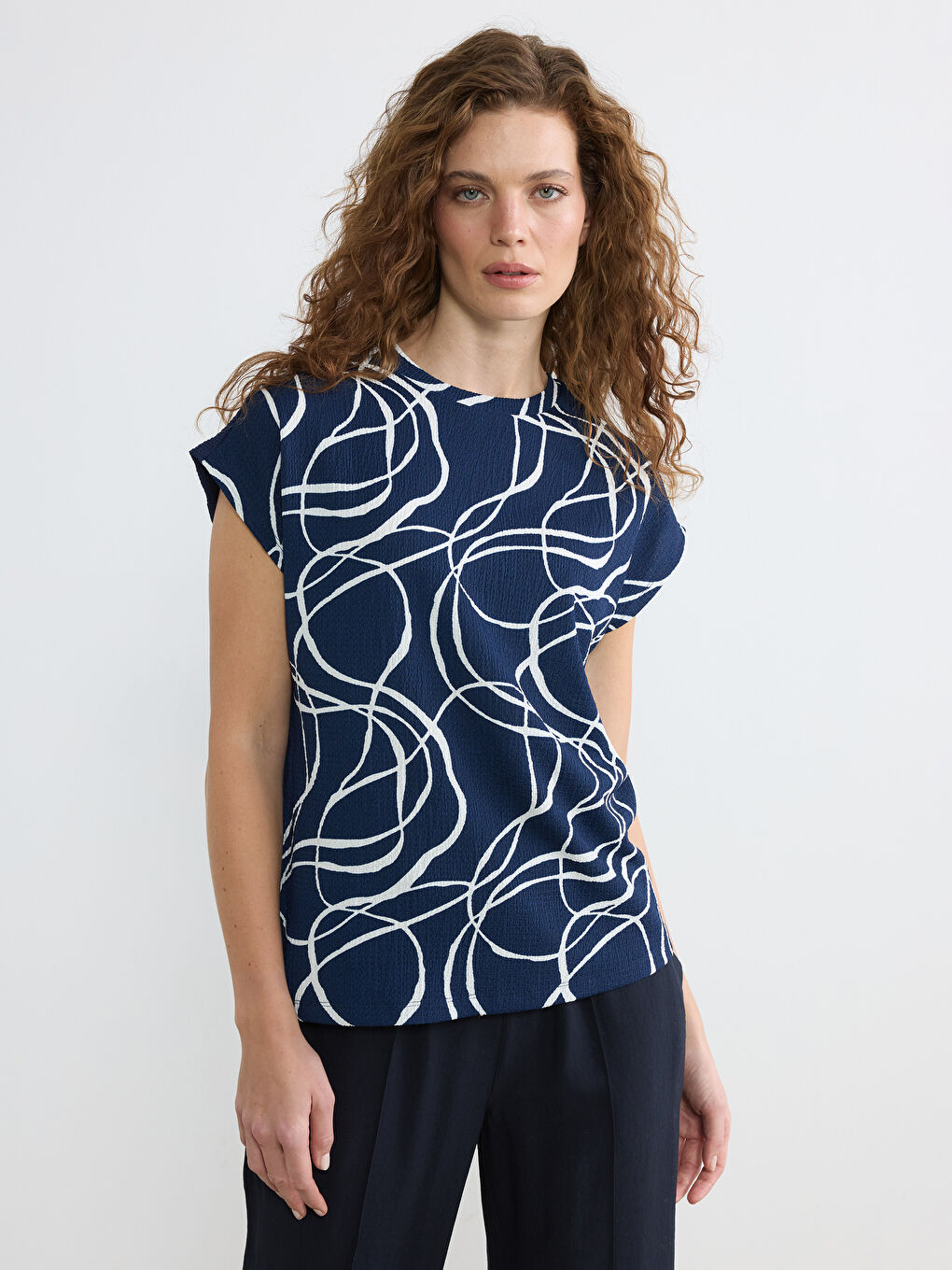 Lacivert Bisiklet Yaka Desenli Bluz