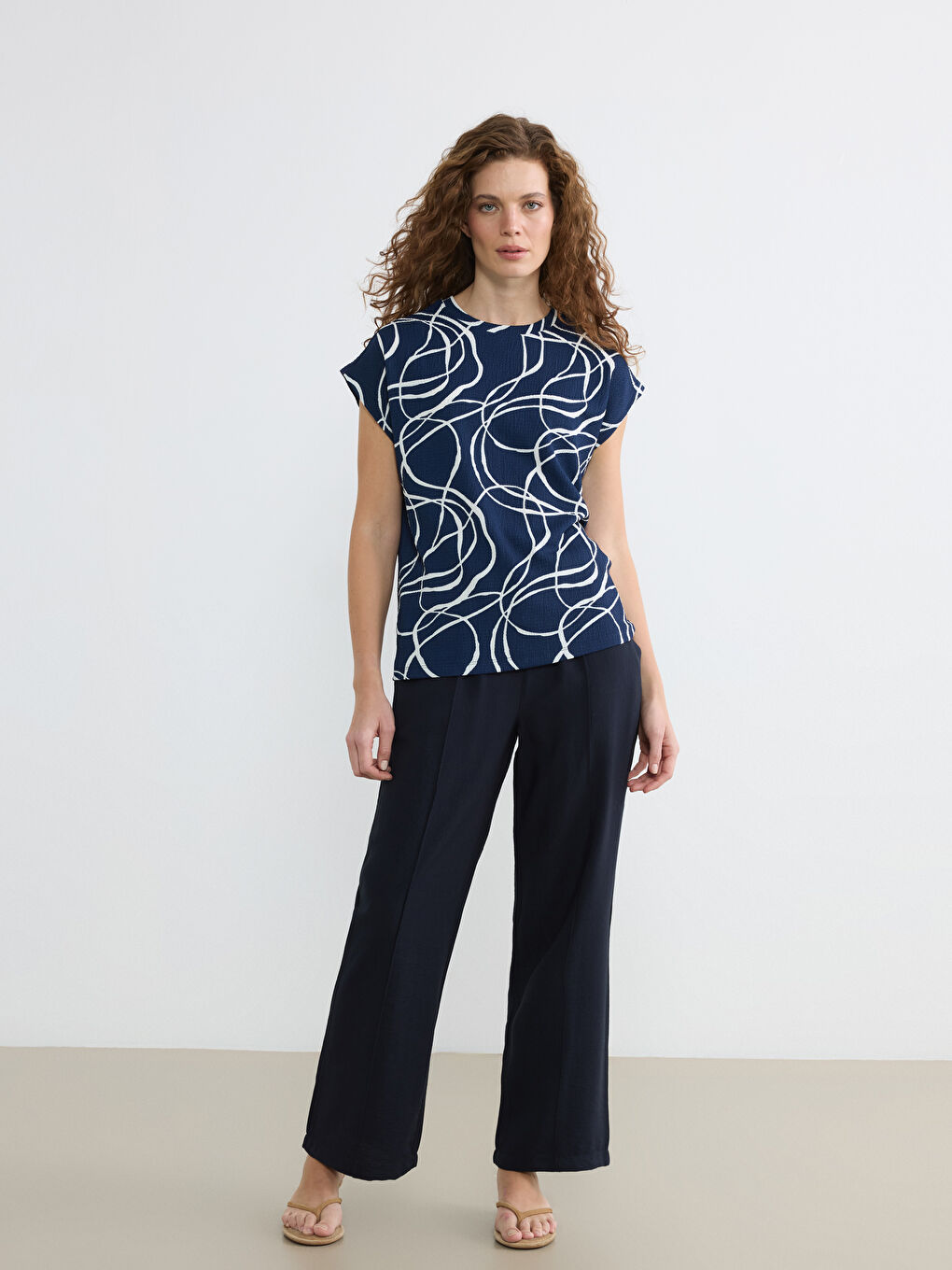 Lacivert Bisiklet Yaka Desenli Bluz-1