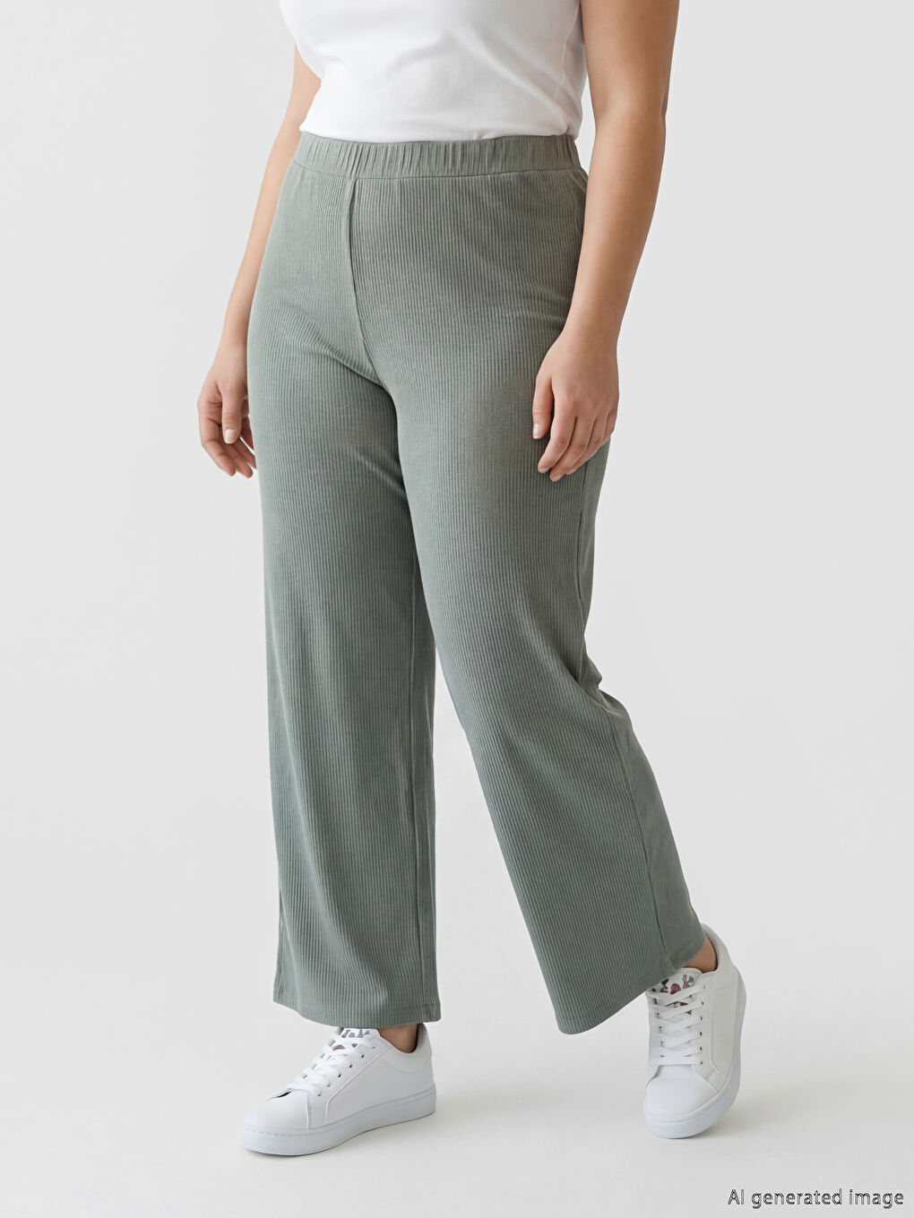Haki Beli Lastikli Çizgili Kadın Pantolon-1