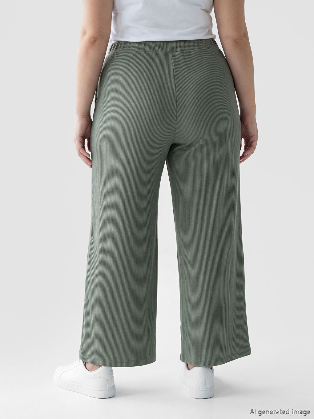 Haki Beli Lastikli Çizgili Kadın Pantolon-2
