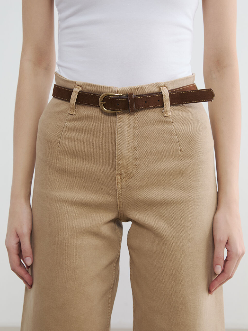 Bej Beli Kemerli Wideleg Kadın Jean Pantolon-2