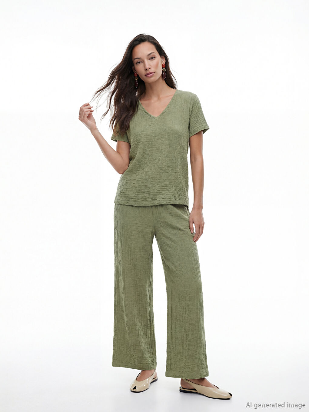 Textured wide-leg women's trousers with an elasticated waist.