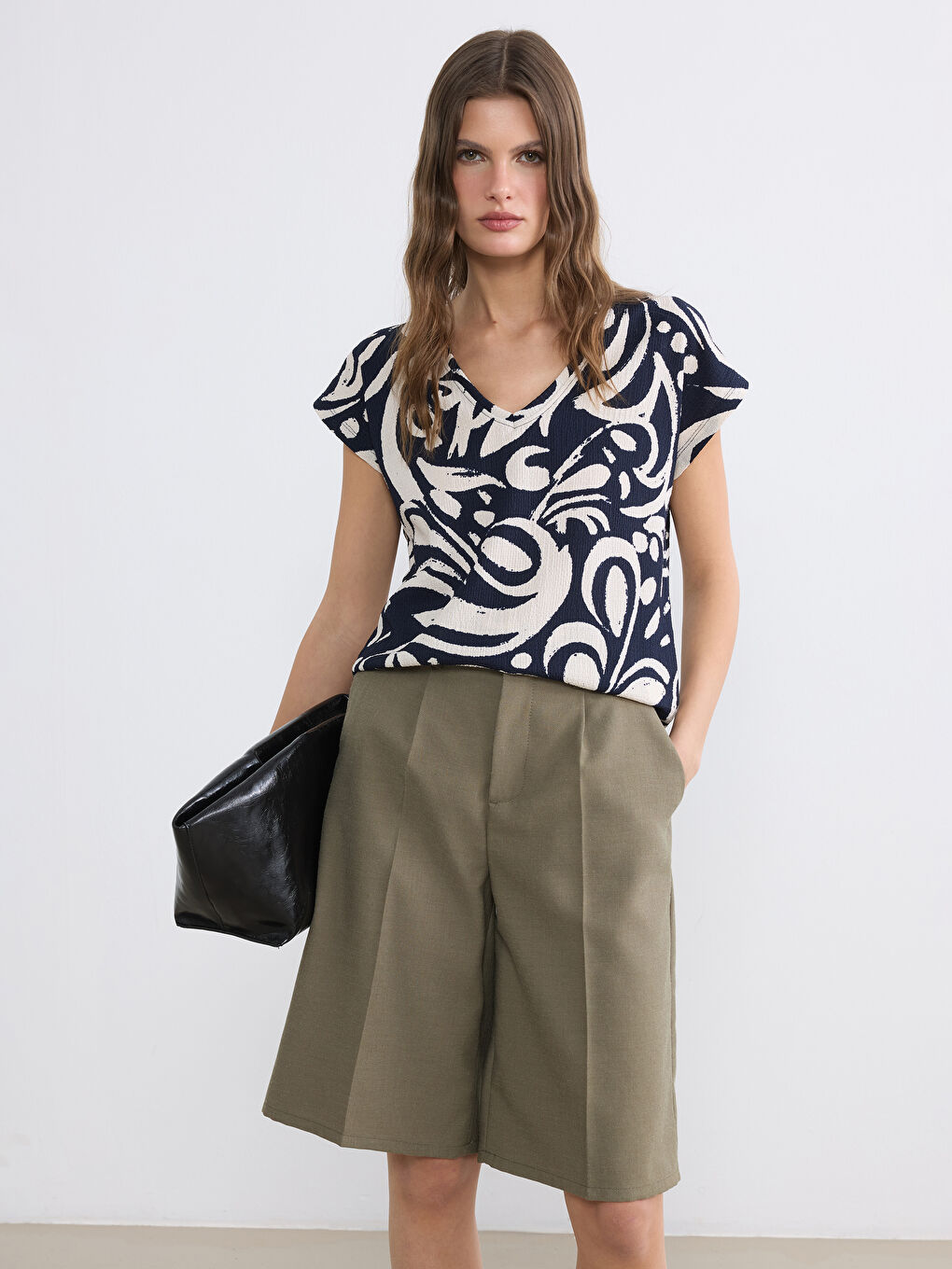 V Neck Patterned Women's T-Shirt