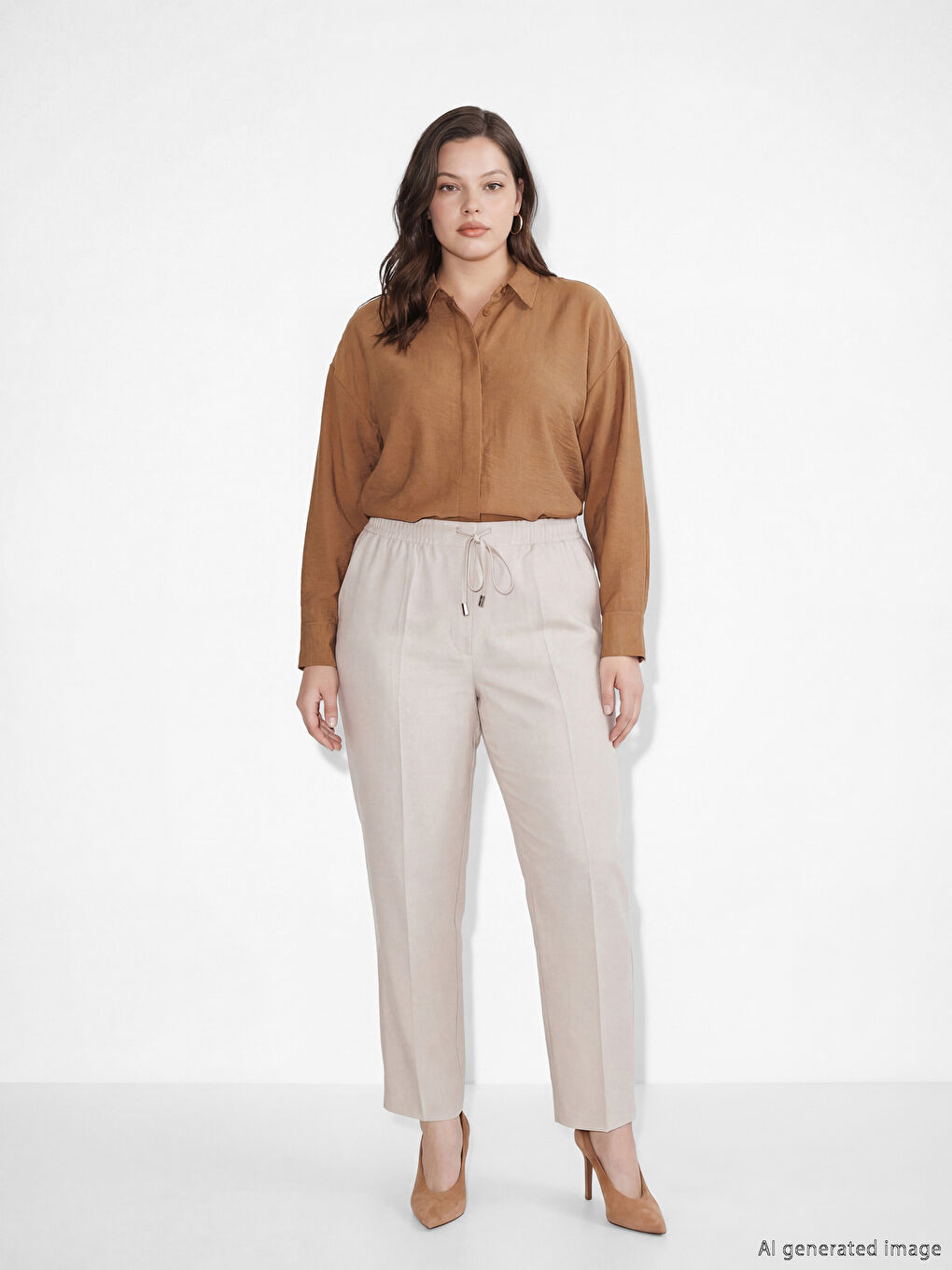 Bej Beli Lastikli Havuç Kesim Kadın Pantolon-1