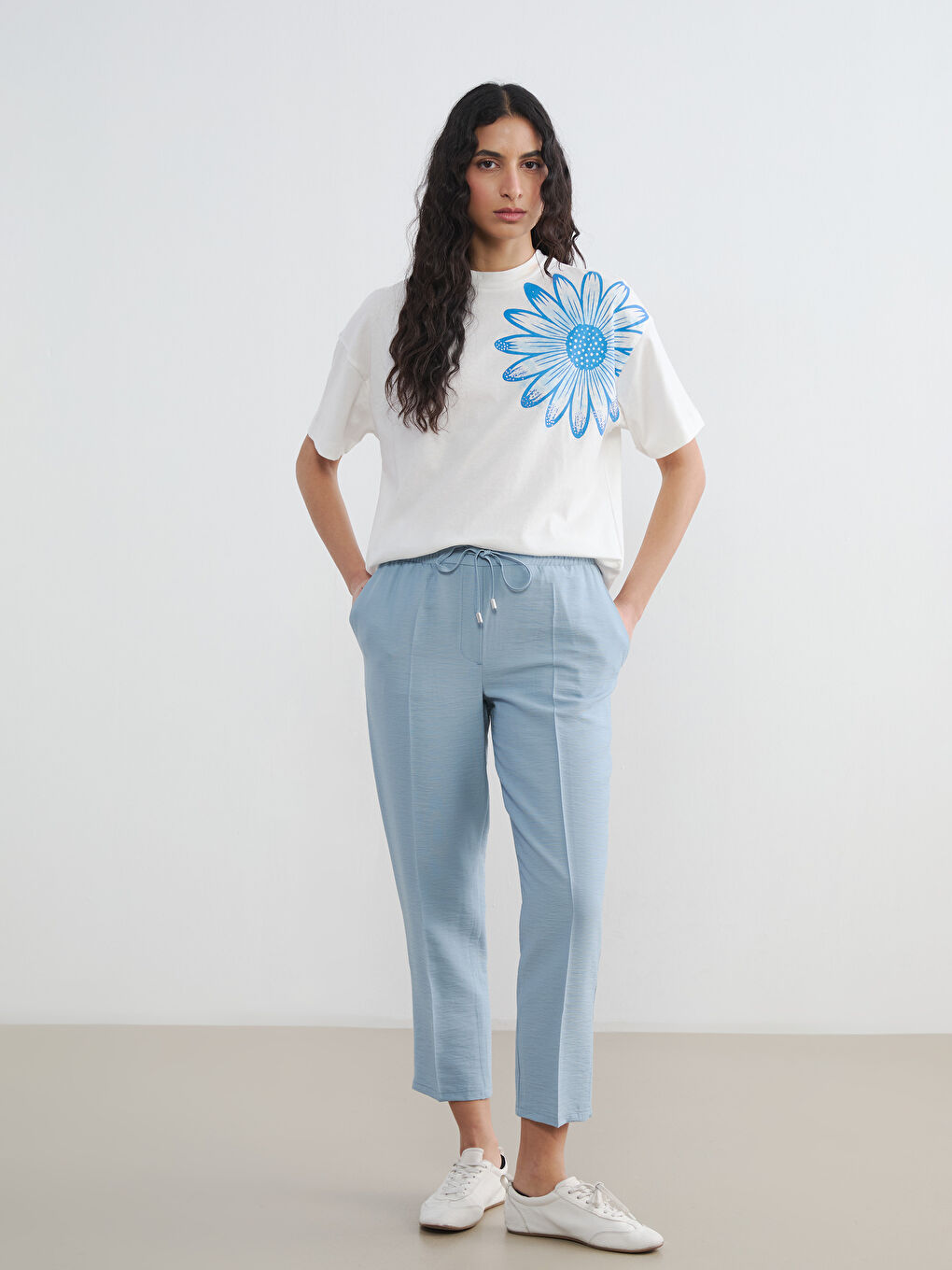 Mavi Beli Lastikli Havuç Kesim Kadın Pantolon