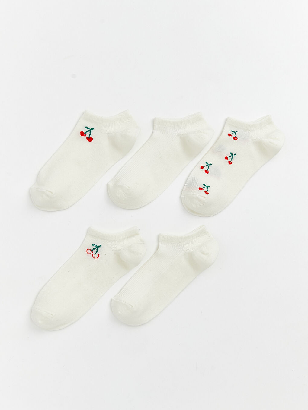 Ekru Kiraz Desenli Kadın Patik Çorap 5'li