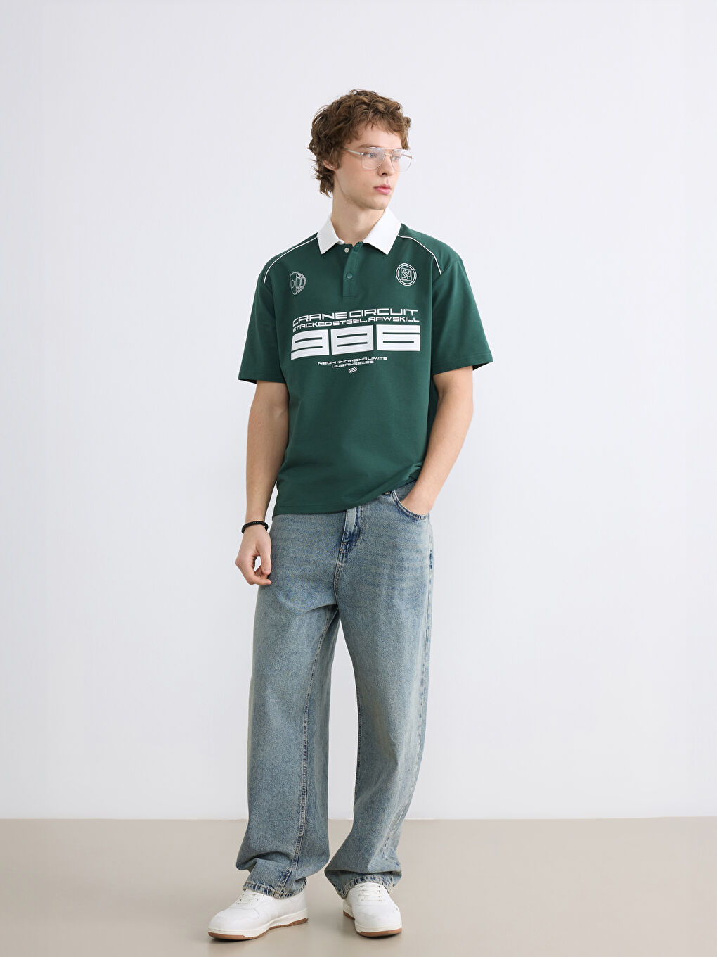 Yeşil Polo Yaka Baskılı Erkek Tişört-1