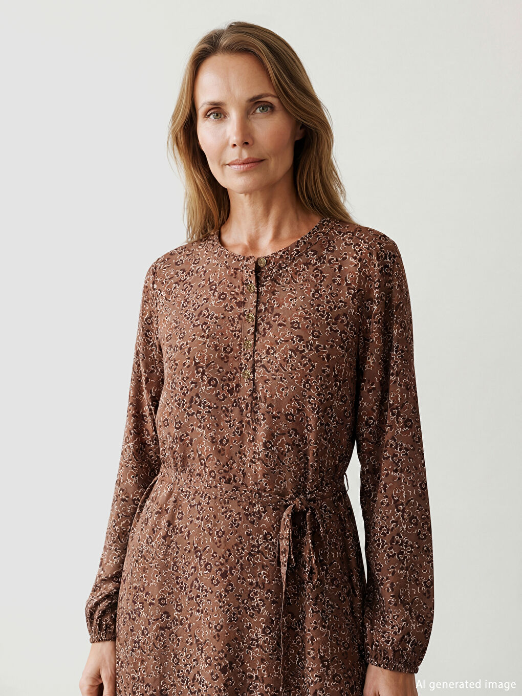 Kahverengi Bisiklet Yaka Desenli Fırfırlı Elbise-1