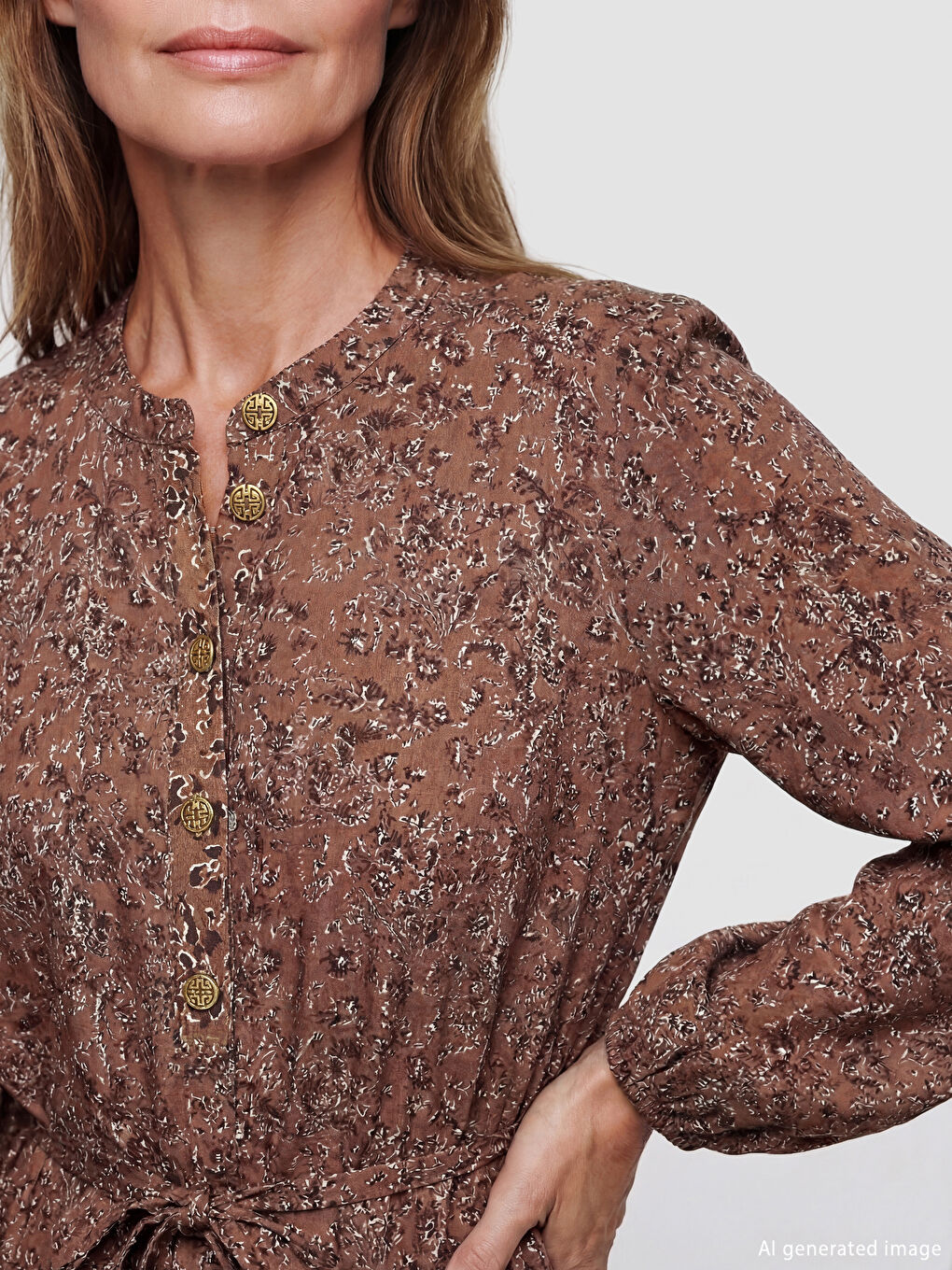 Kahverengi Bisiklet Yaka Desenli Fırfırlı Elbise-2