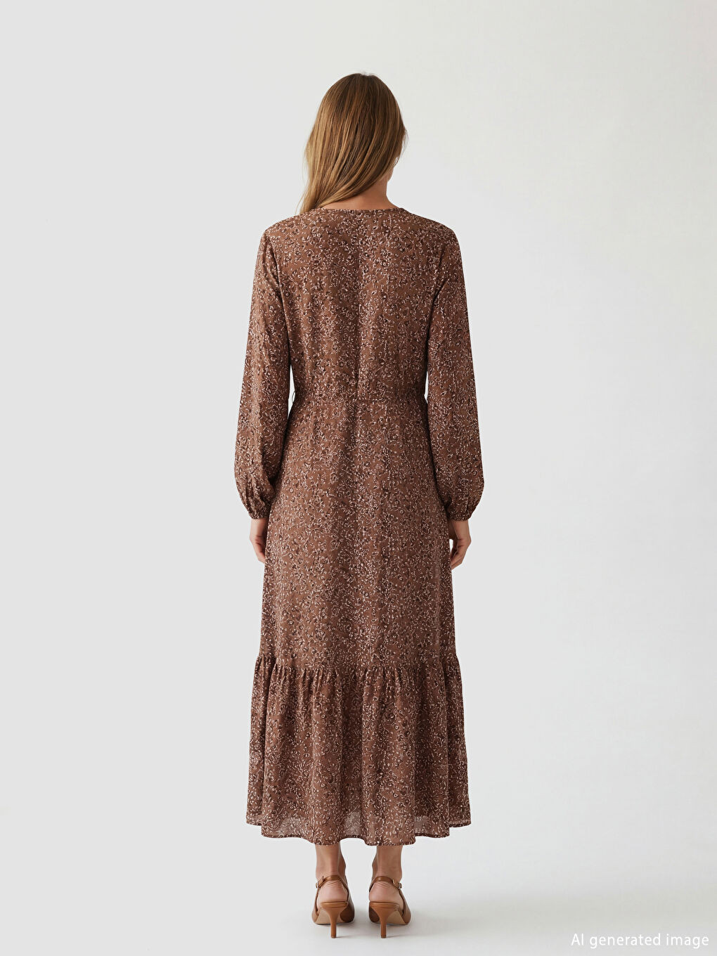 Kahverengi Bisiklet Yaka Desenli Fırfırlı Elbise-3