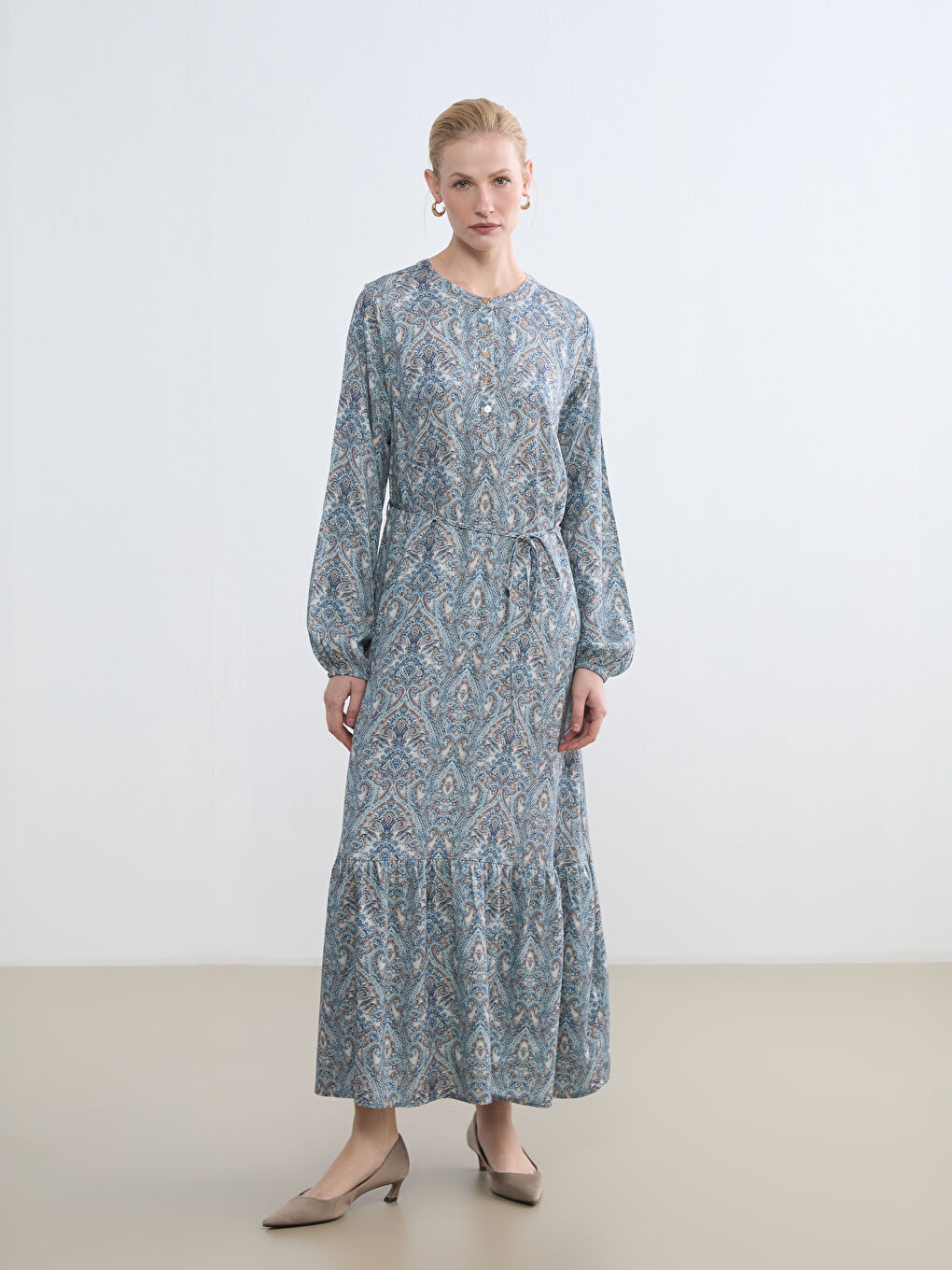 Crew Neck Ruffled Dress with Pattern