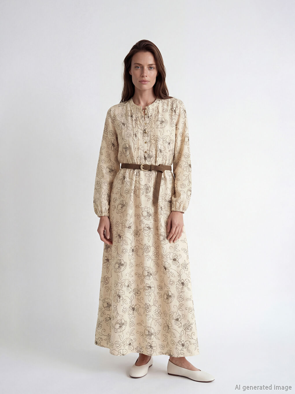 Bej Hakim Yaka Çiçekli A Kesim Elbise