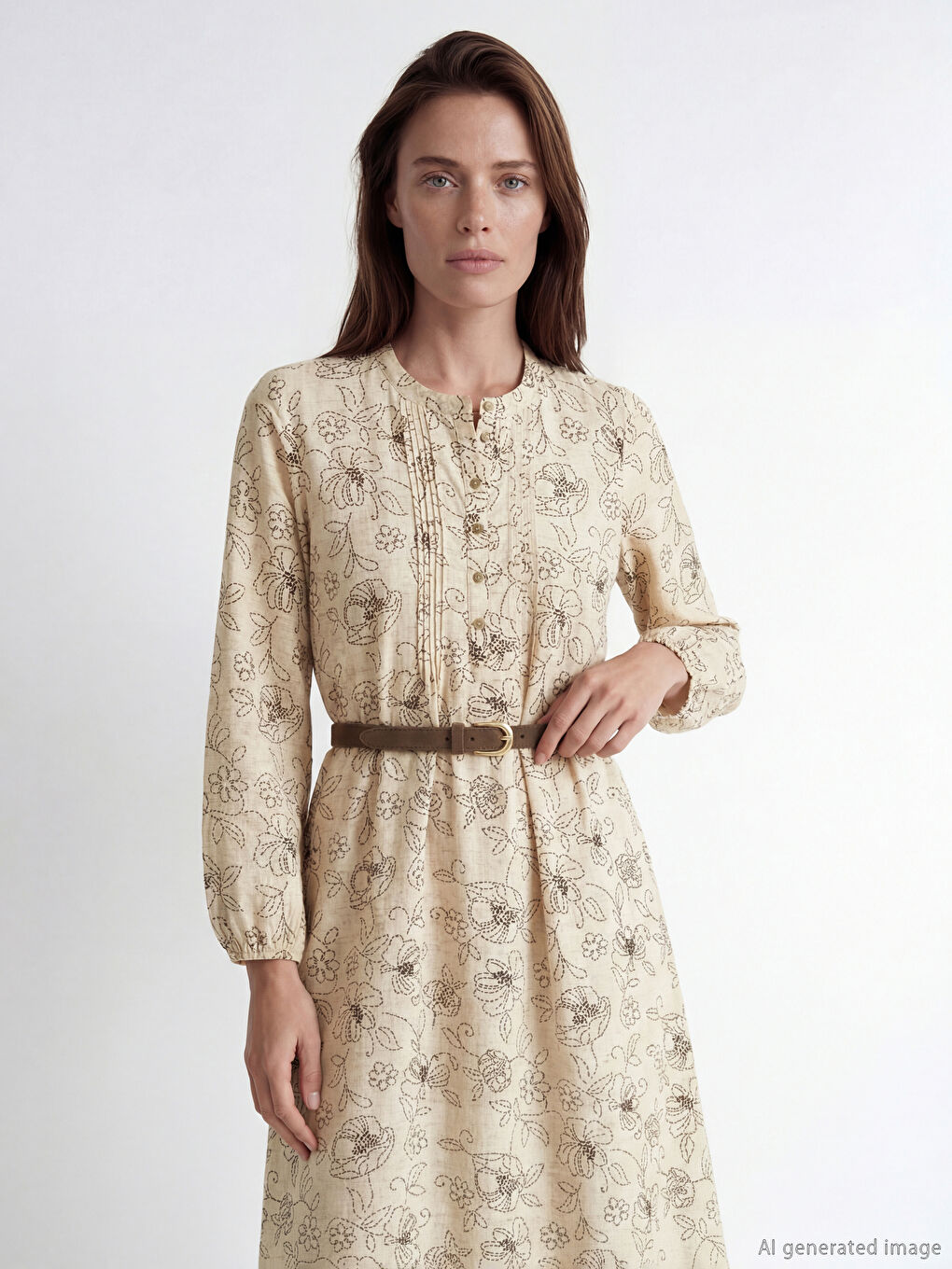 Bej Hakim Yaka Çiçekli A Kesim Elbise-1