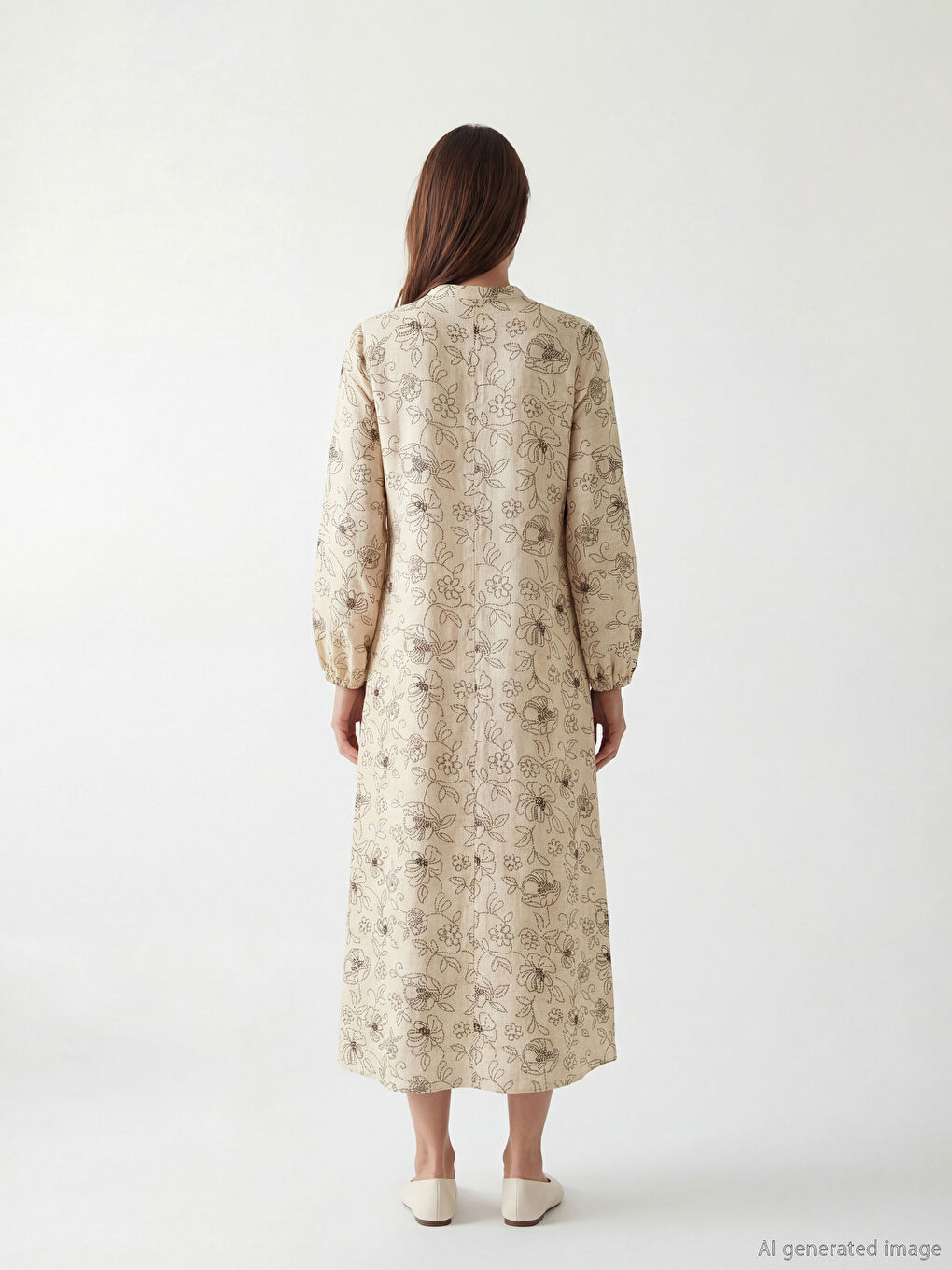 Bej Hakim Yaka Çiçekli A Kesim Elbise-2