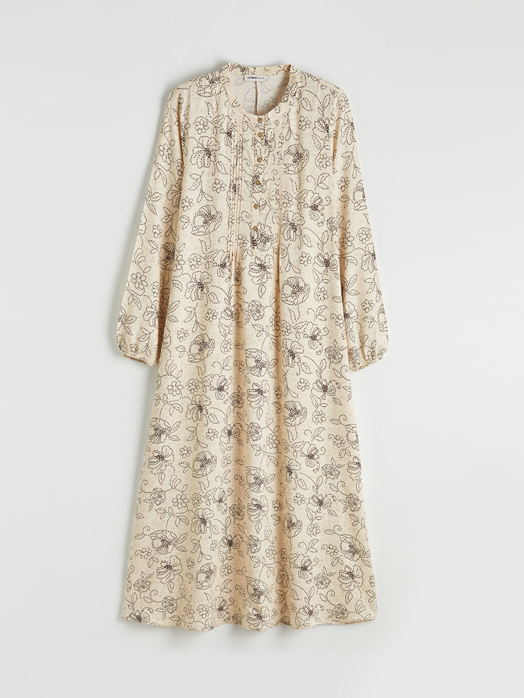 Bej Hakim Yaka Çiçekli A Kesim Elbise