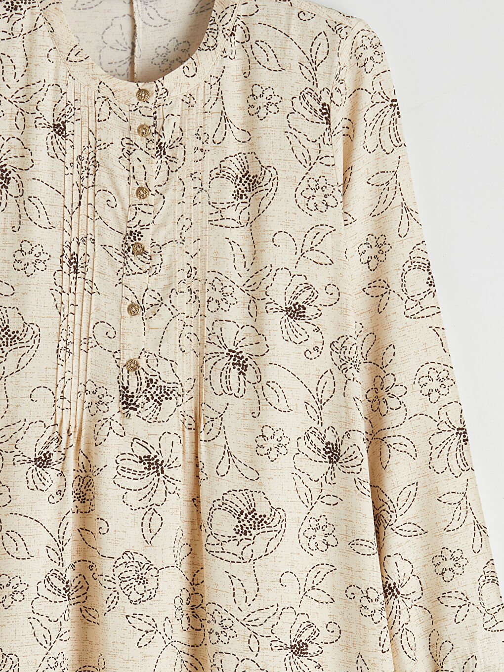 Bej Hakim Yaka Çiçekli A Kesim Elbise-2