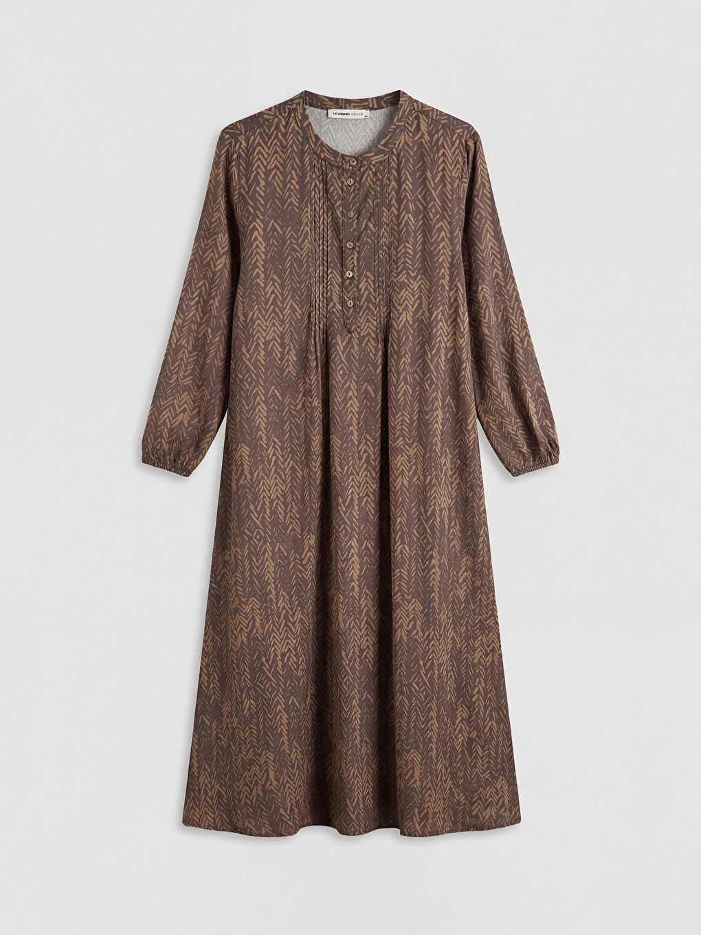 Kahverengi Hakim Yaka Desenli Elbise	